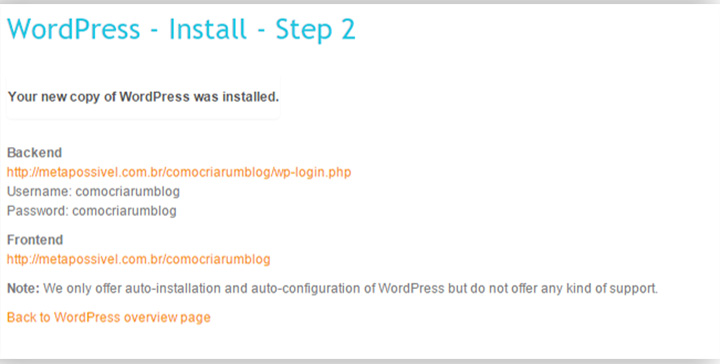 como fazer um blog gratis passo a passo - dados instalação final wp