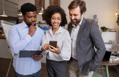 3 pessoas de negocios olhando para smartphone e sorrindo representa sucesso informação de valor mobile