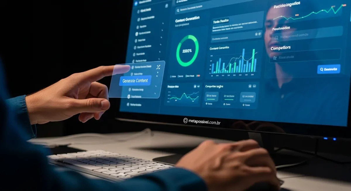 A realistic, vibrant photograph showcasing a developer's hands efficiently navigating a sophisticated AI-powered SEO software interface, displaying real-time data analysis, content generation, and competitor insights. The screen glows with actionable information. Insert the small wa