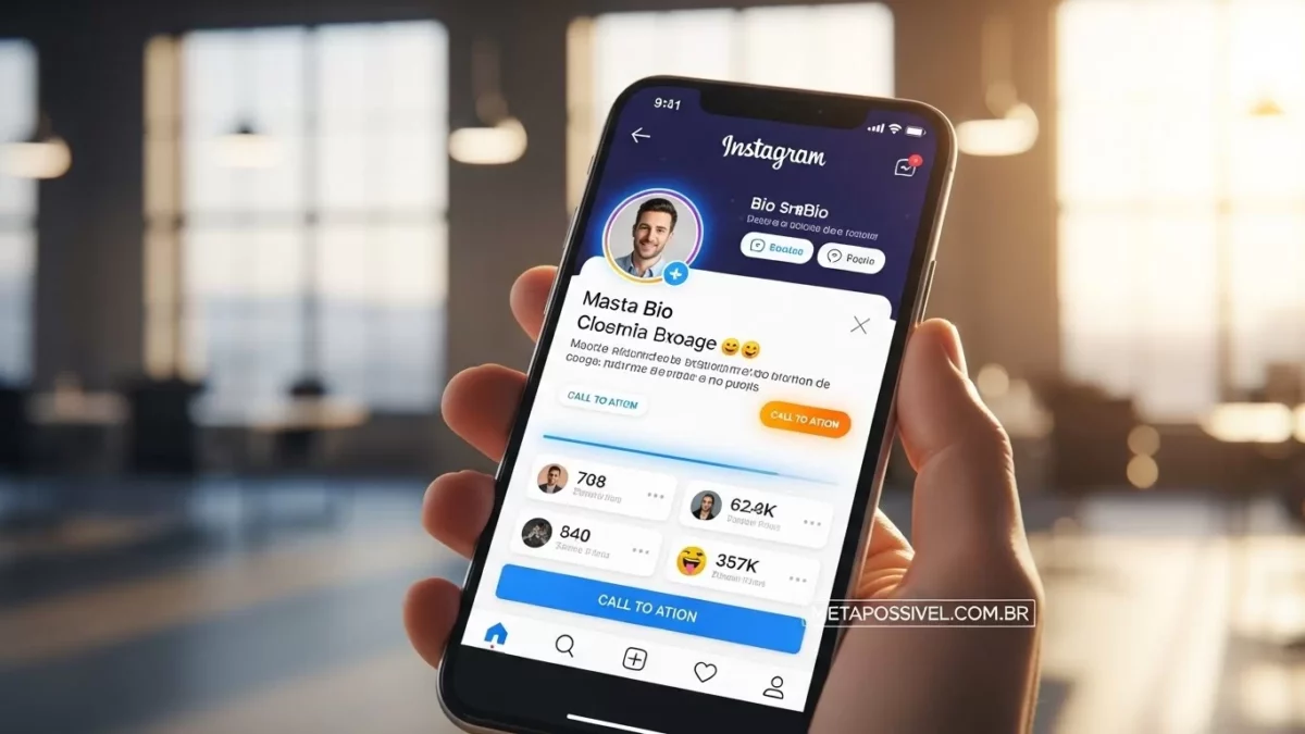 Close-up de smartphone exibindo uma Bio do Instagram que converte otimizada