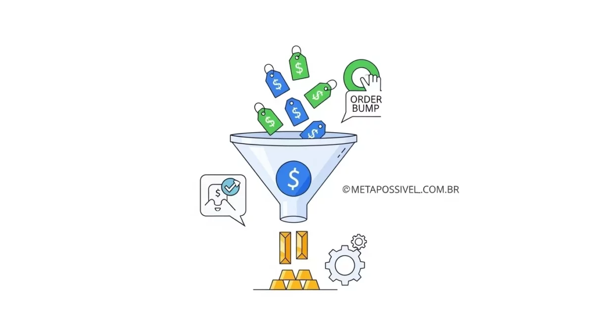 Como Vender Produtos Low Ticket no Automático em 2026 - Passo a Passo Completo 2 Diagrama visual de um funil de vendas mostrando a entrada de clientes via como vender produtos low ticket, seguida de upsells