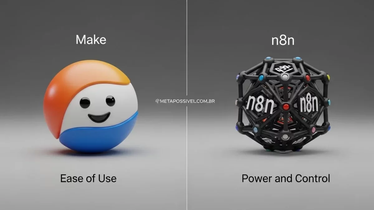 Ferramentas de Automação para Iniciantes: Guia Completo 2026 (Make vs n8n) 2 Gráfico 3D de uma balança comparando os logotipos do Make e n8n, auxiliando na escolha de ferramentas de automação para iniciantes