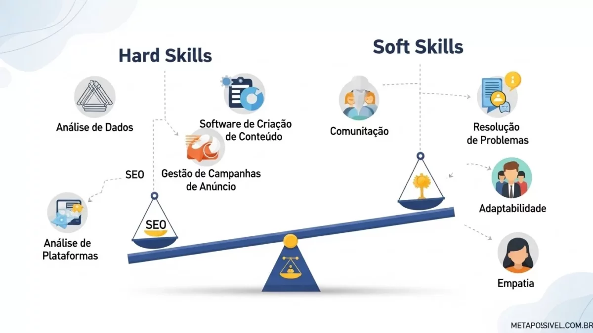 Como Ser um Social Media de Sucesso e Ganhar Dinheiro em 2026! (Do Zero ao Profissional) 3 Infográfico mostrando o equilíbrio entre Hard Skills e Soft Skills para quem busca como ser um social media de sucesso