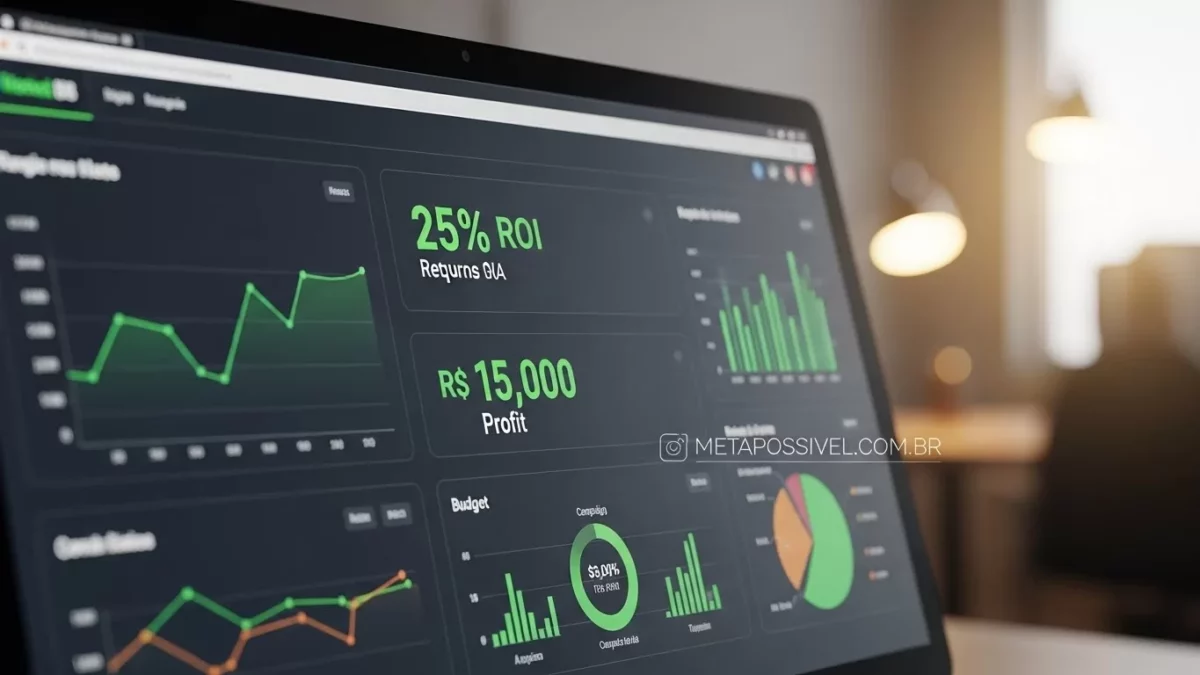 Como Vender Produtos Low Ticket no Automático em 2026 - Passo a Passo Completo 3 Painel de métricas de marketing digital exibindo ROI positivo, essencial para monitorar como vender produtos low ticket